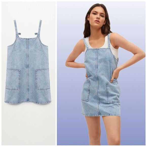 Mango Pocket Denim Pinafore Dress New - Picture 1 of 7